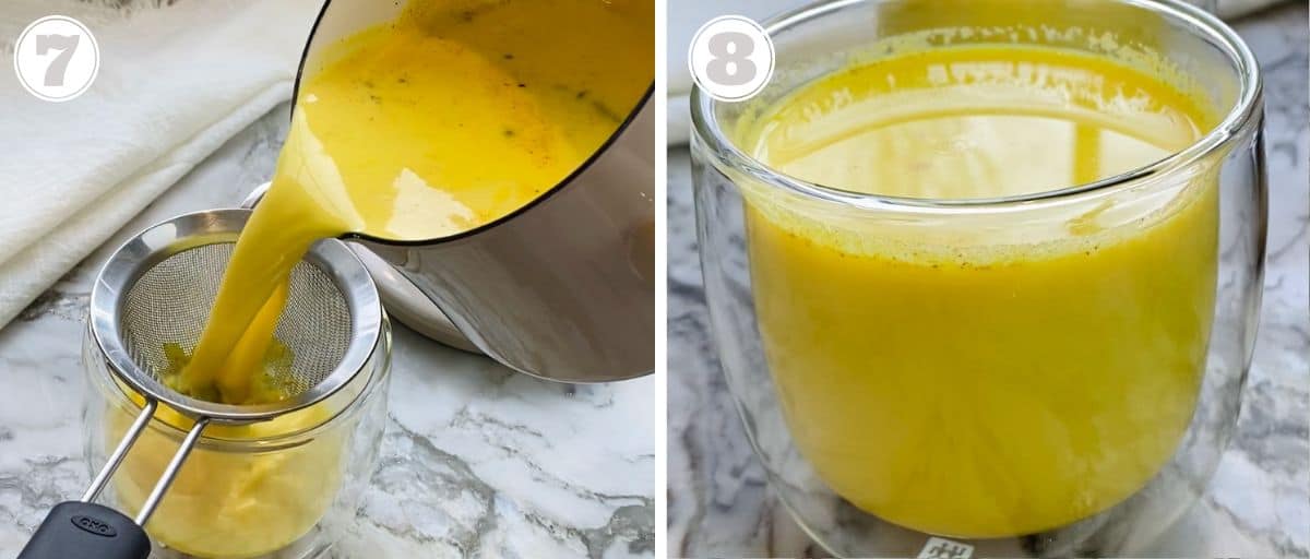 photos seven and eight show straining haldi doodh in a glass cup