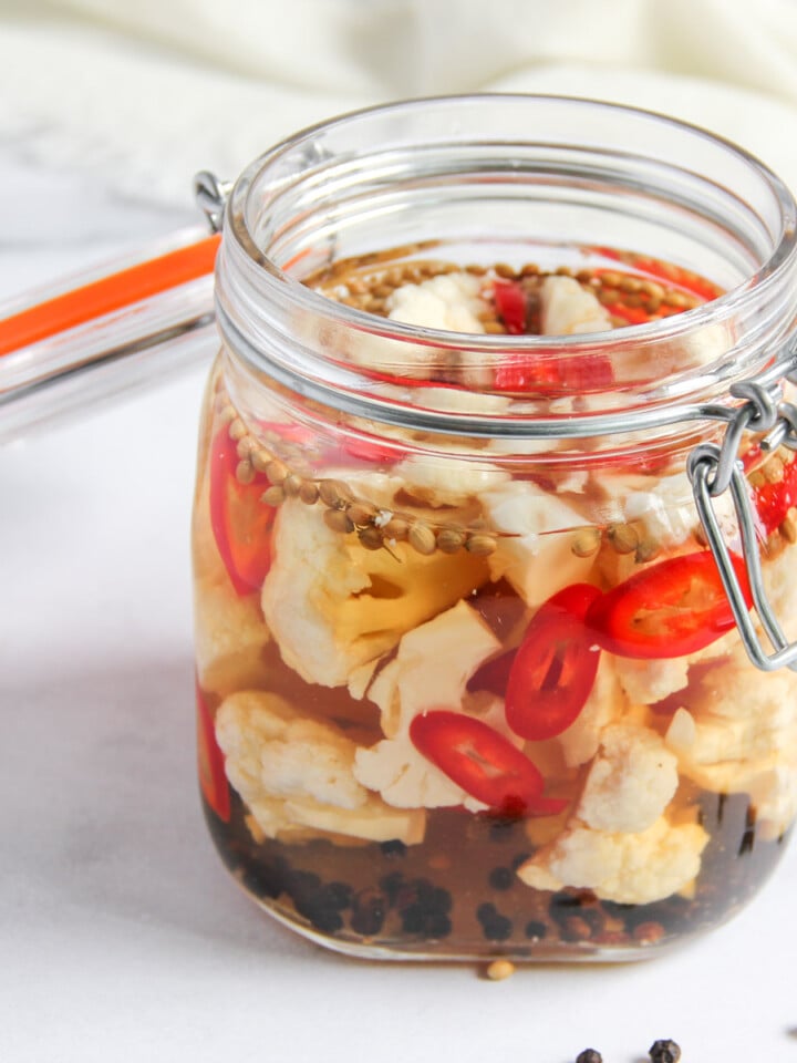 pickled cauliflower in a glass jar