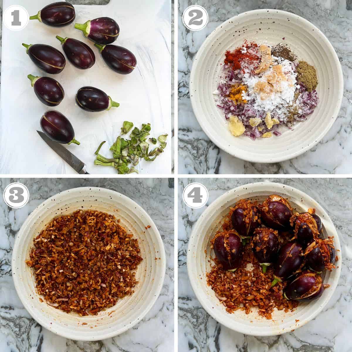 steps one through four showing how to prep eggplants and filling for stuffed curried eggplant 