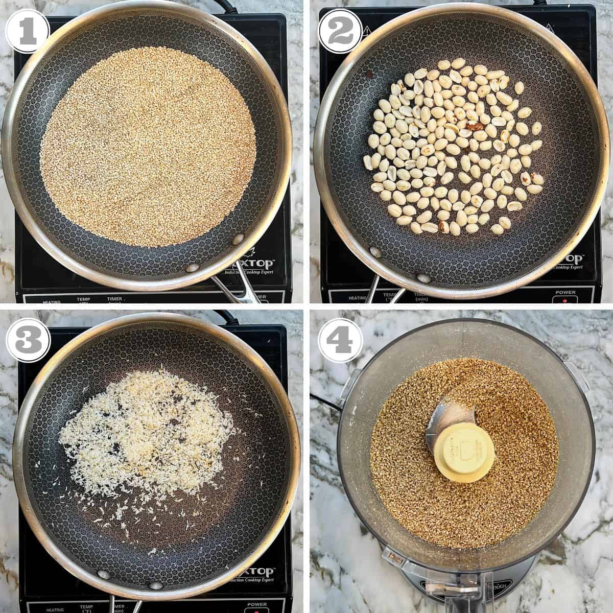 photos one through four showing roasting ingredients and ground sesame seeds 
