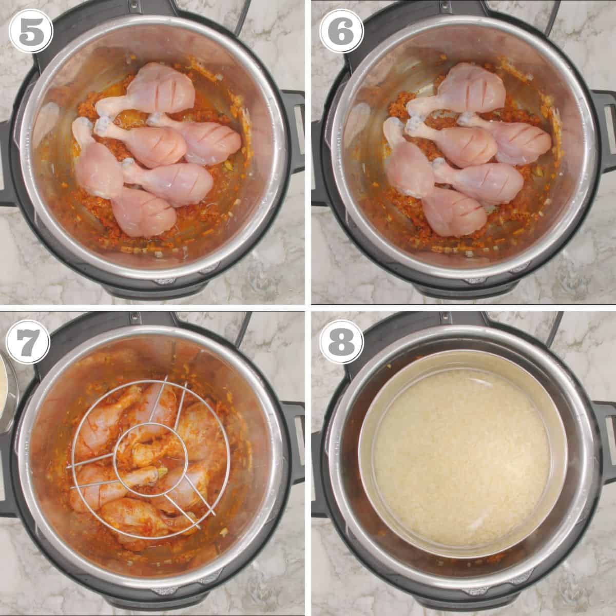 photos 5 through eight showing adding chicken to korma and how to make pot in pot rice 