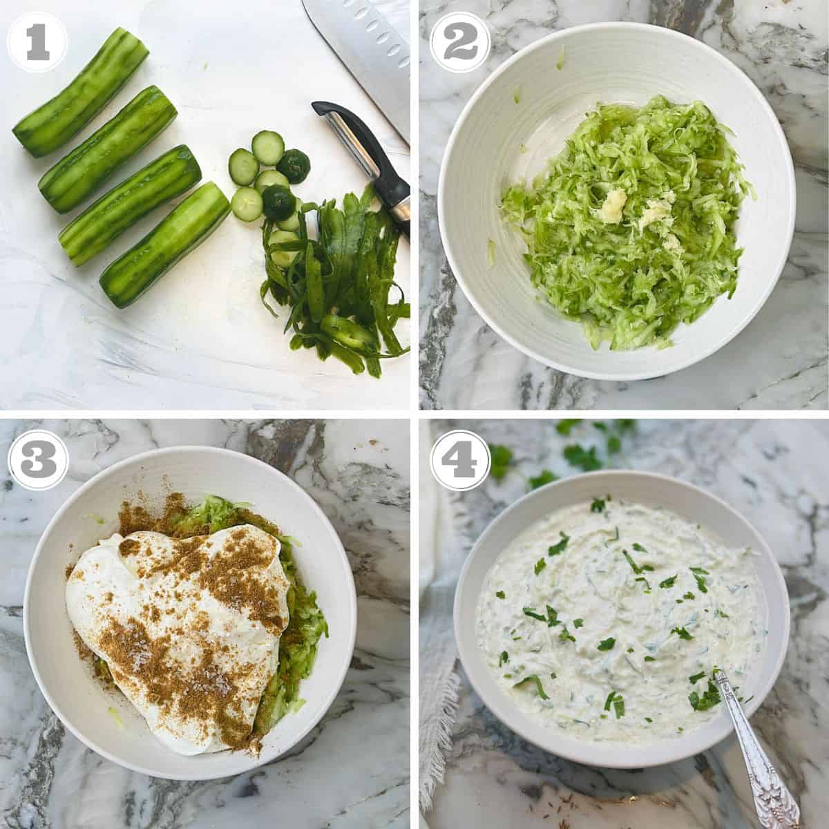 photos one through four showing steps to make cucumber raita 