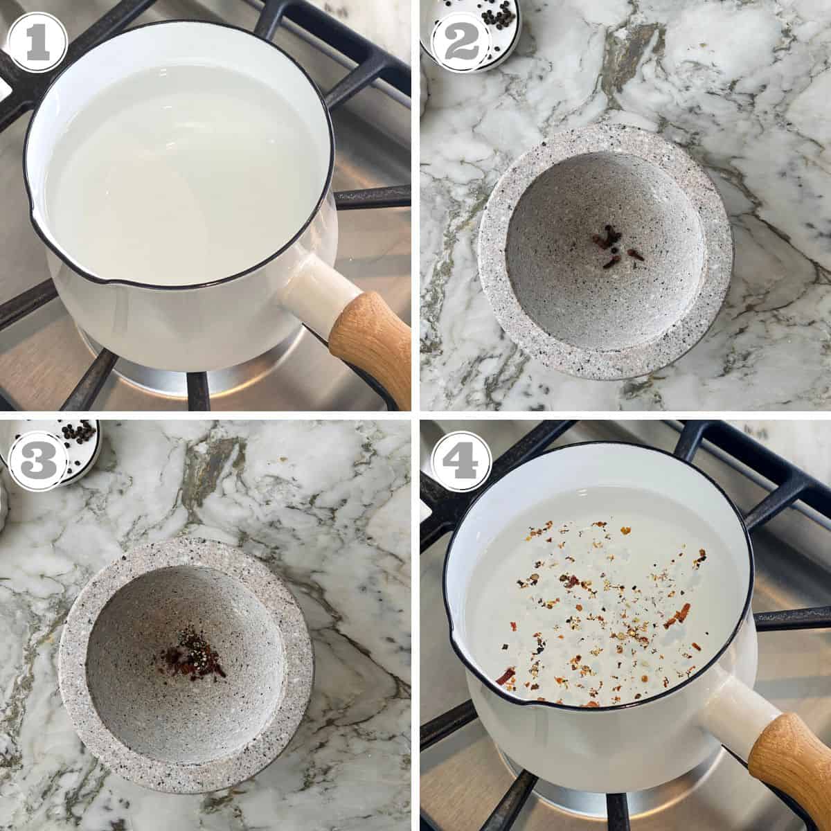 photos one through four showing how to make kadha herbal tea 