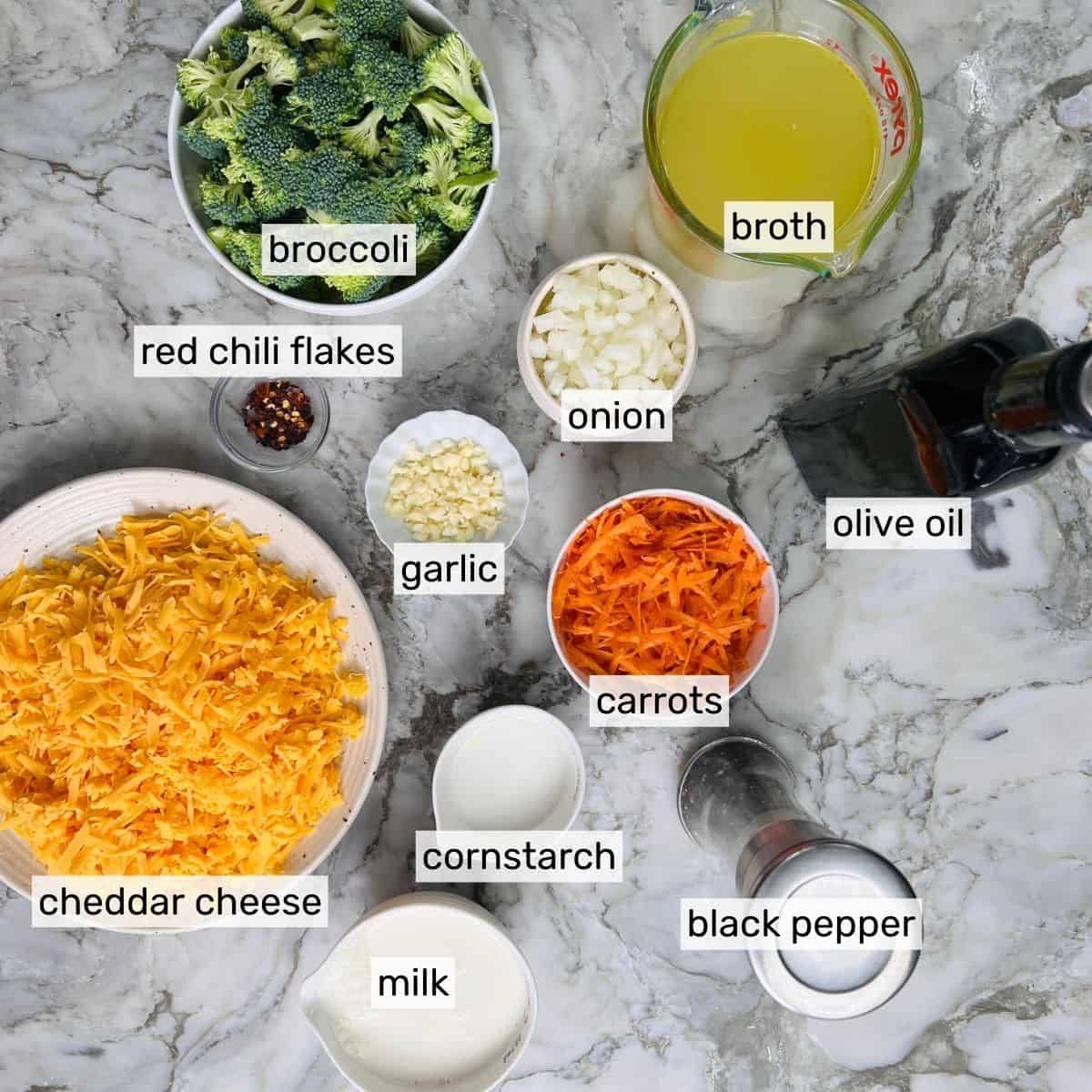 ingredients to make broccoli cheddar soup  