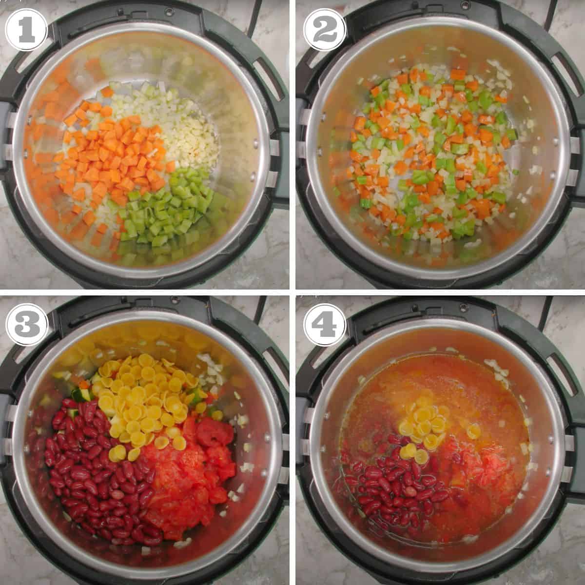 photos one through four showing how to make instant pot minestrone soup 