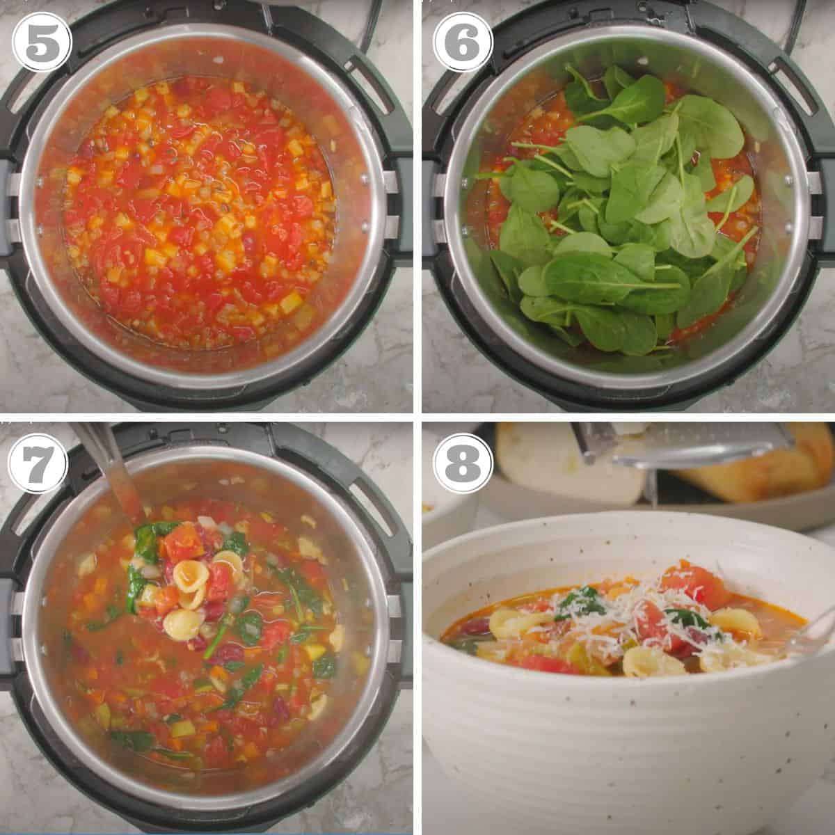 photos five through eight showing minestrone soup with spinach in the Instant Pot 