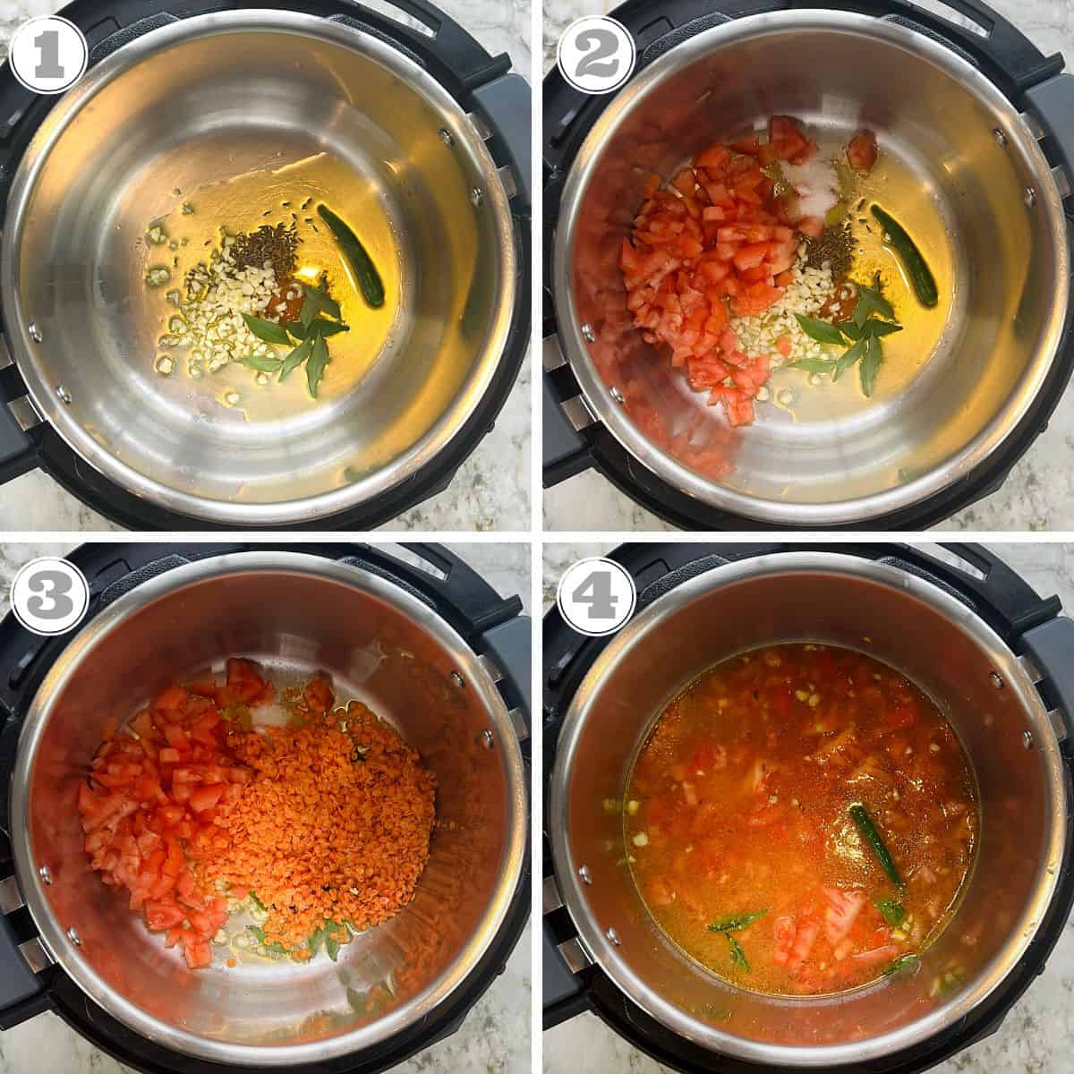 steps showing adding ingredients for Spinach Dal except spinach to the Instant Pot