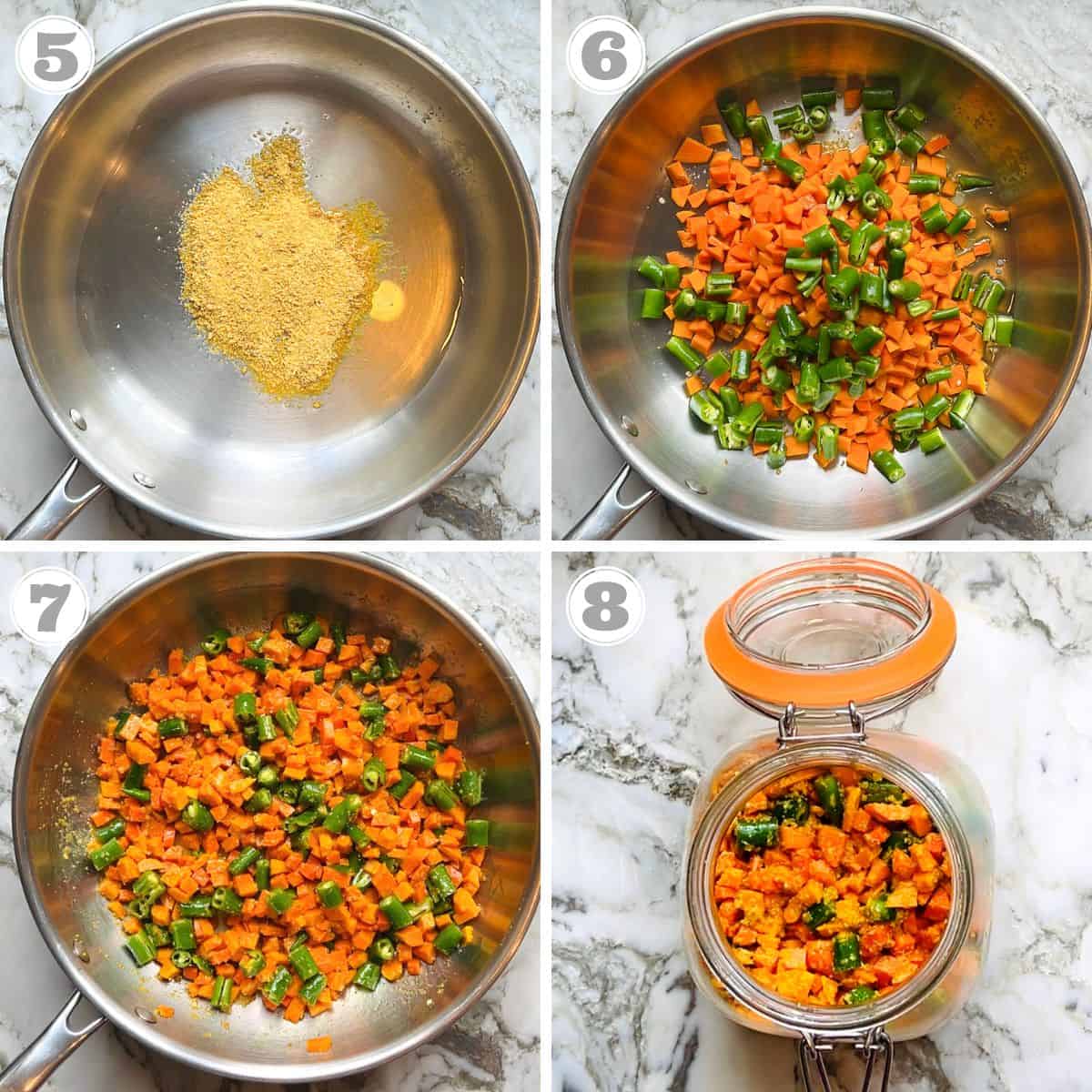 steps five through eight showing how to make fresh turmeric pickle 