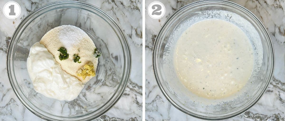 photos one and two showing how to make rava dhokla batter 