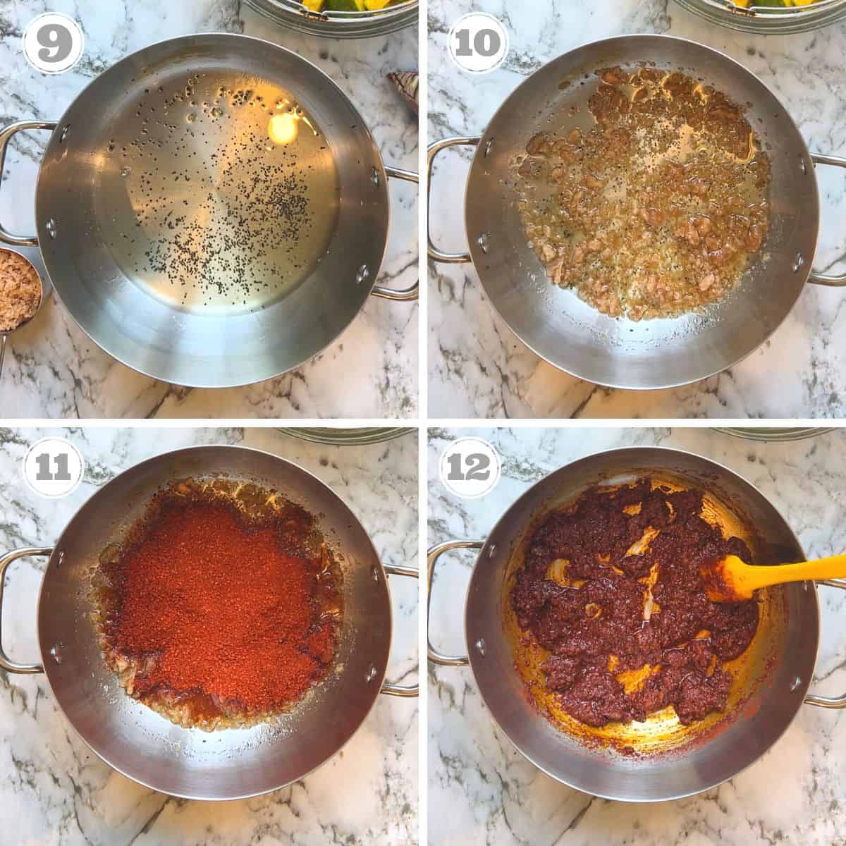 photos nine through twelve showing how to make pickle masala mixture 