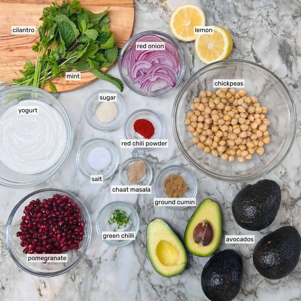 ingredients to make avocado chickpea chaat 