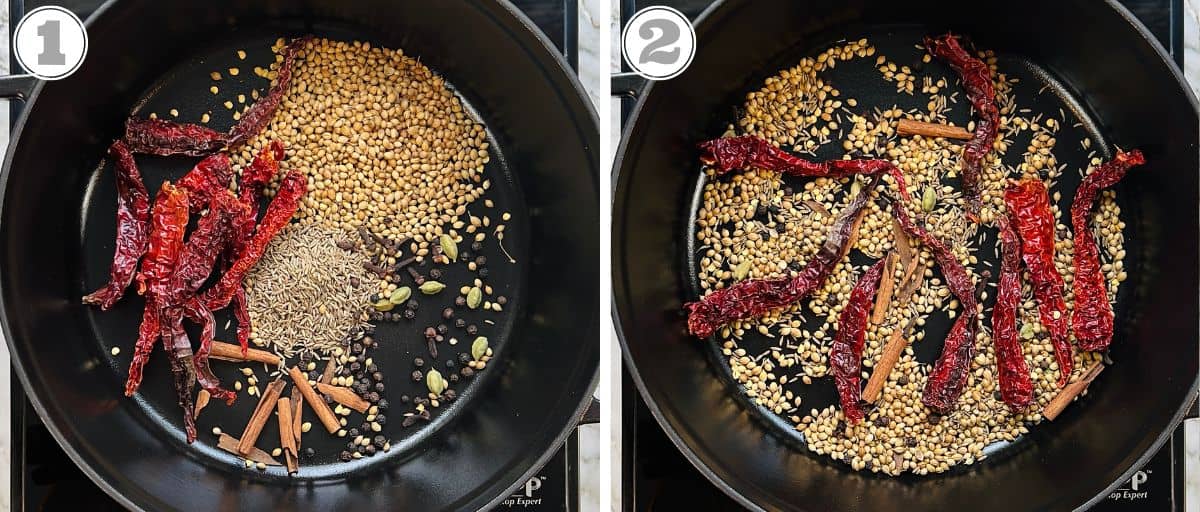 photos one and two showing how to roast spiced for chana masala spice 