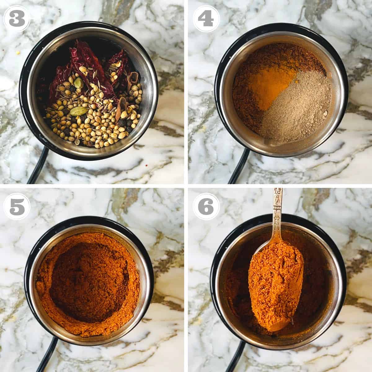 photos three through six showing how to grind roasted spices into powder 