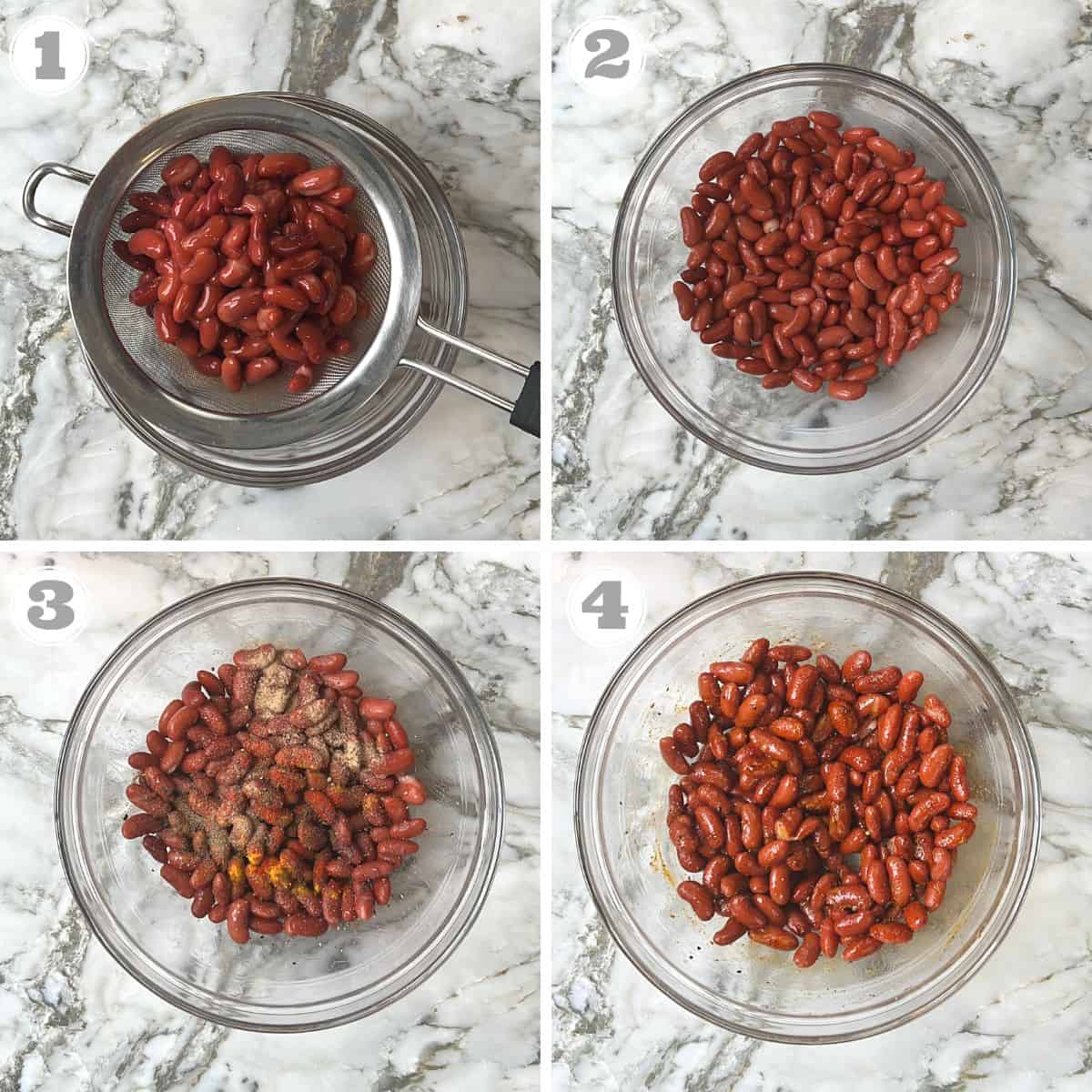 photos one through four showing how to prepare kidney beans for roasting 