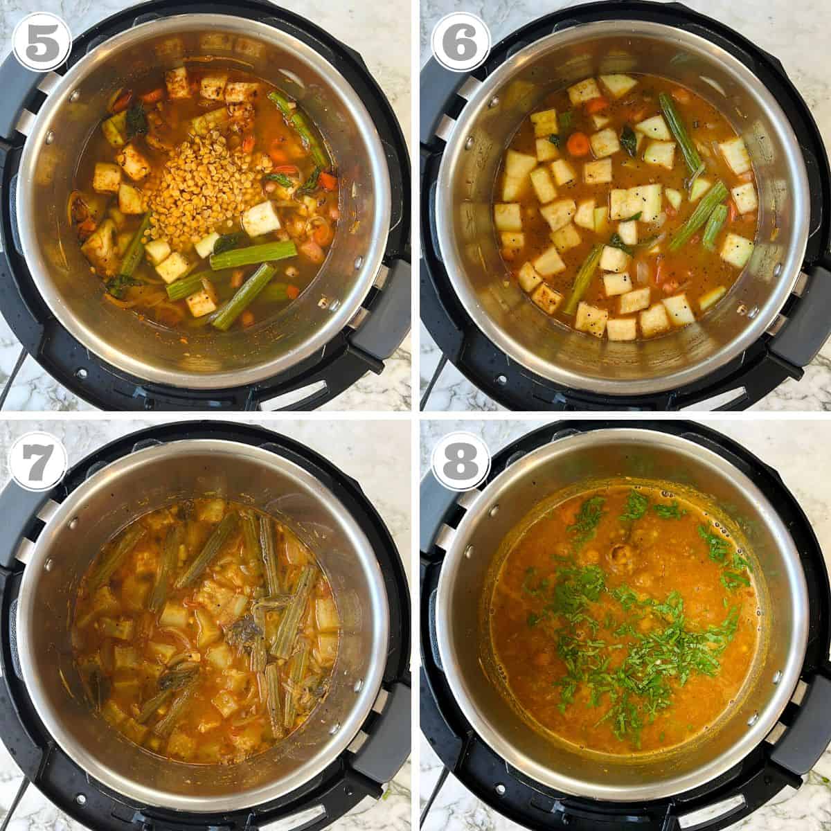photos five through eight showing how to make instant pot sambar 
