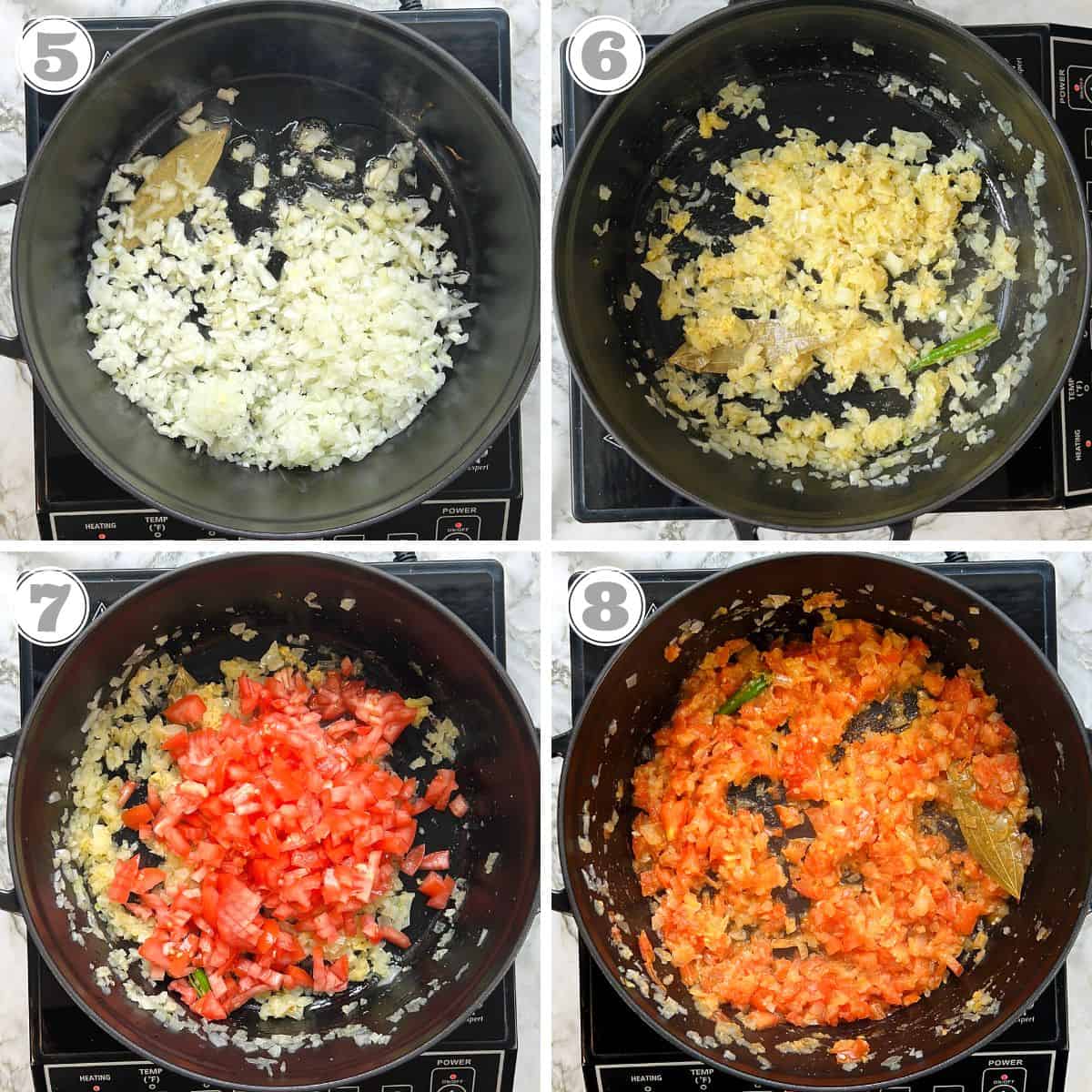 photos five through eight showing how to saute aromatics and tomatoes for chana masala 