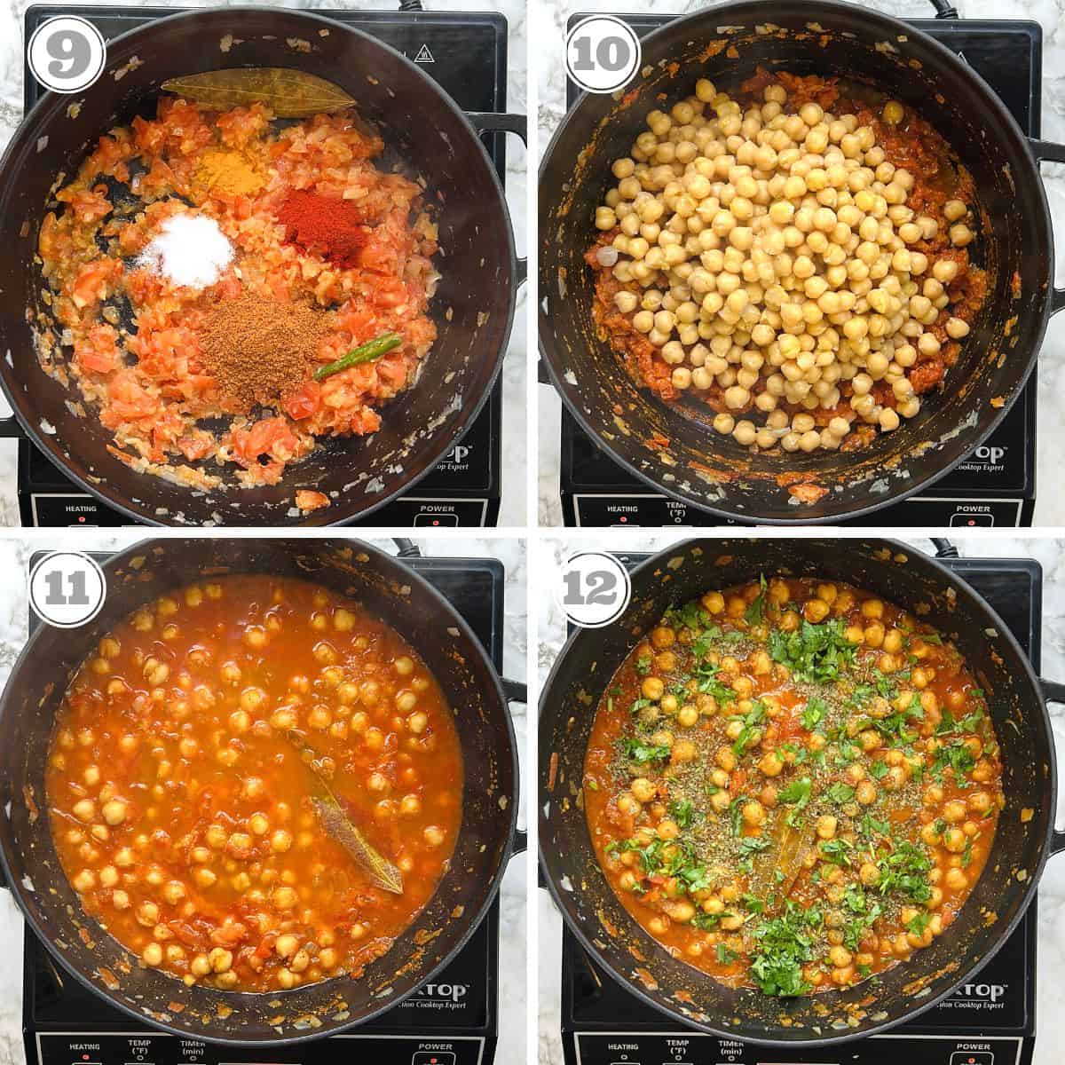 photos nine through twelve showing how to cook chana masala  