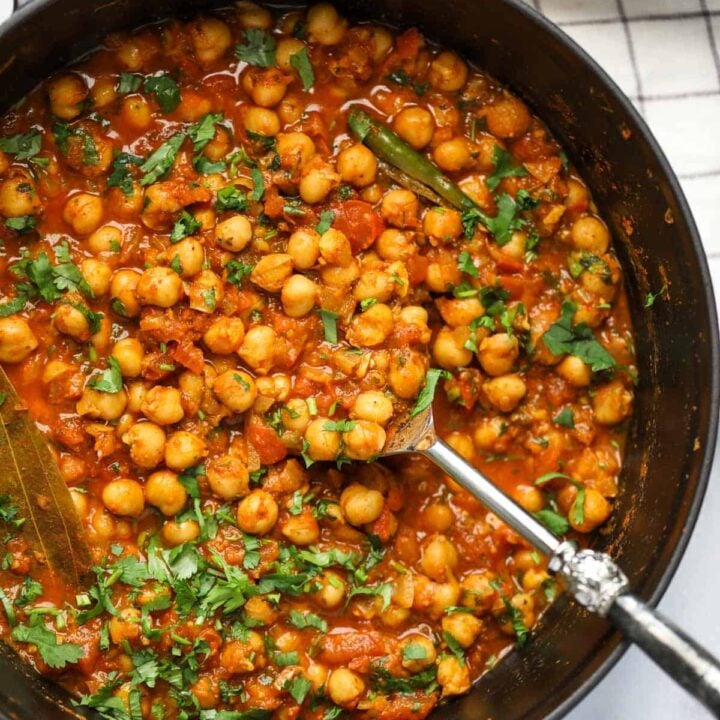 chana masala in a cast iron pot