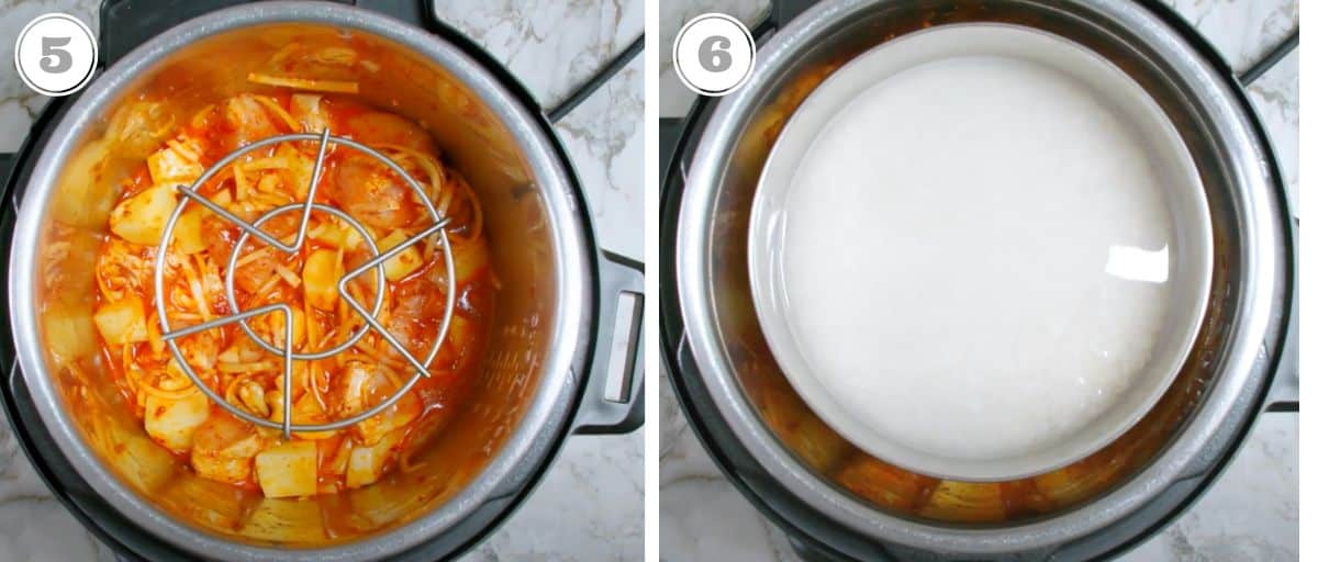 photos five and six showing how to cook pot in pot rice in the Instant Pot 
