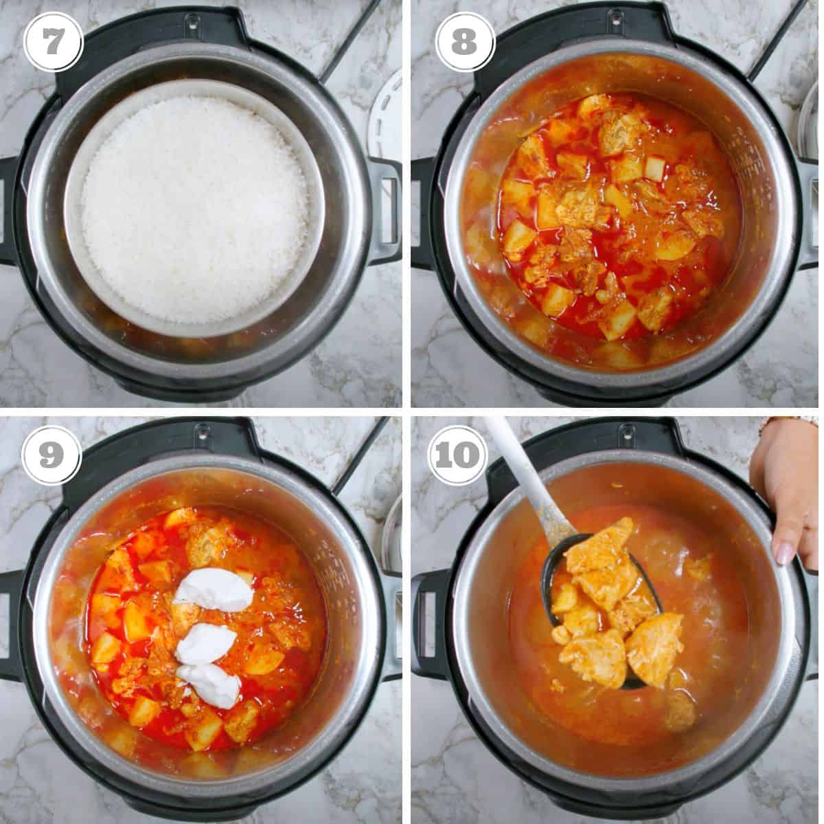 photos seven through ten showing jasmine rice and massaman curry in the Instant Pot 
