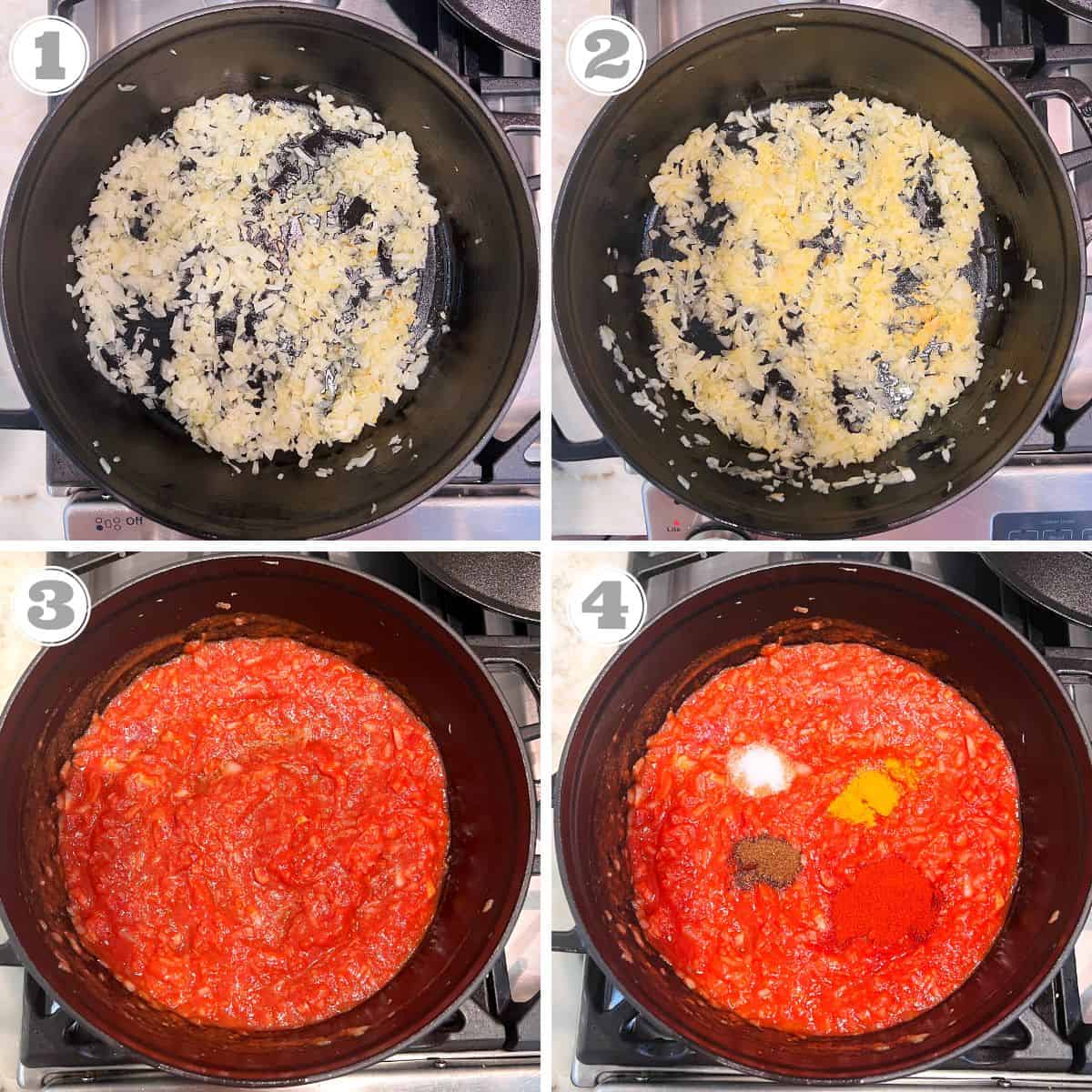 photos one through four showing how to make the shakshuka sauce 
