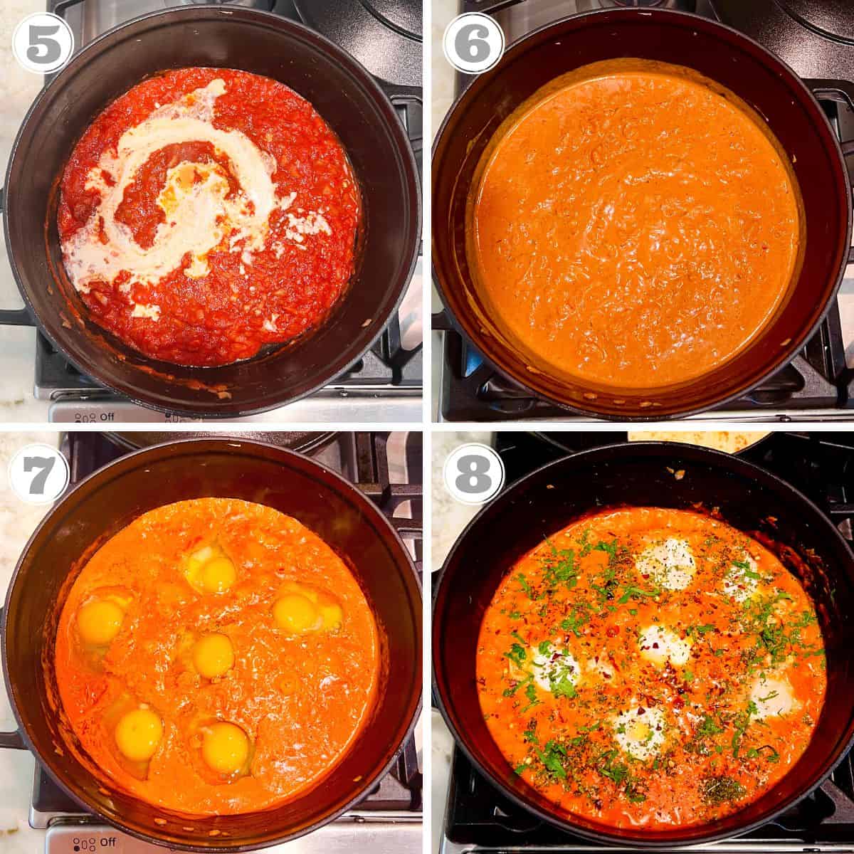 photos five through eight showing how to make Indian makhani shakshuka with eggs 