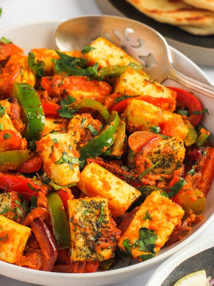 paneer jalfrezi in a white serving bowl