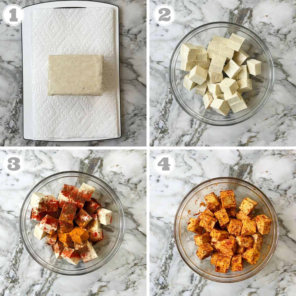 photos one through four showing how to marinate tofu with Indian spices 