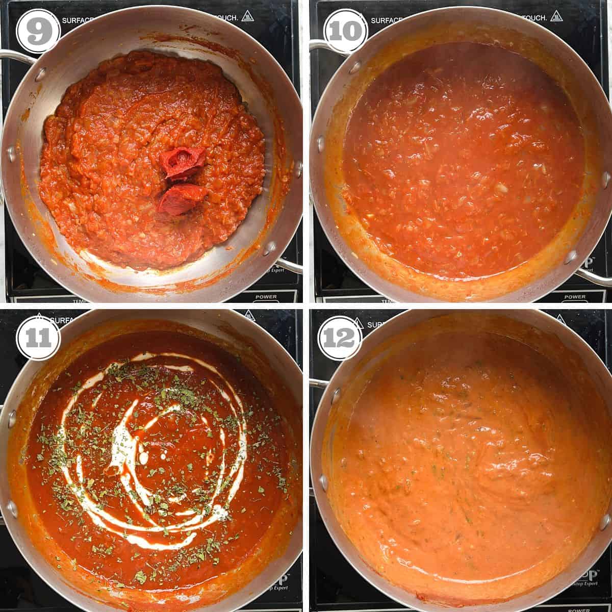 photos nine through twelve showing final steps to make makhani sauce 