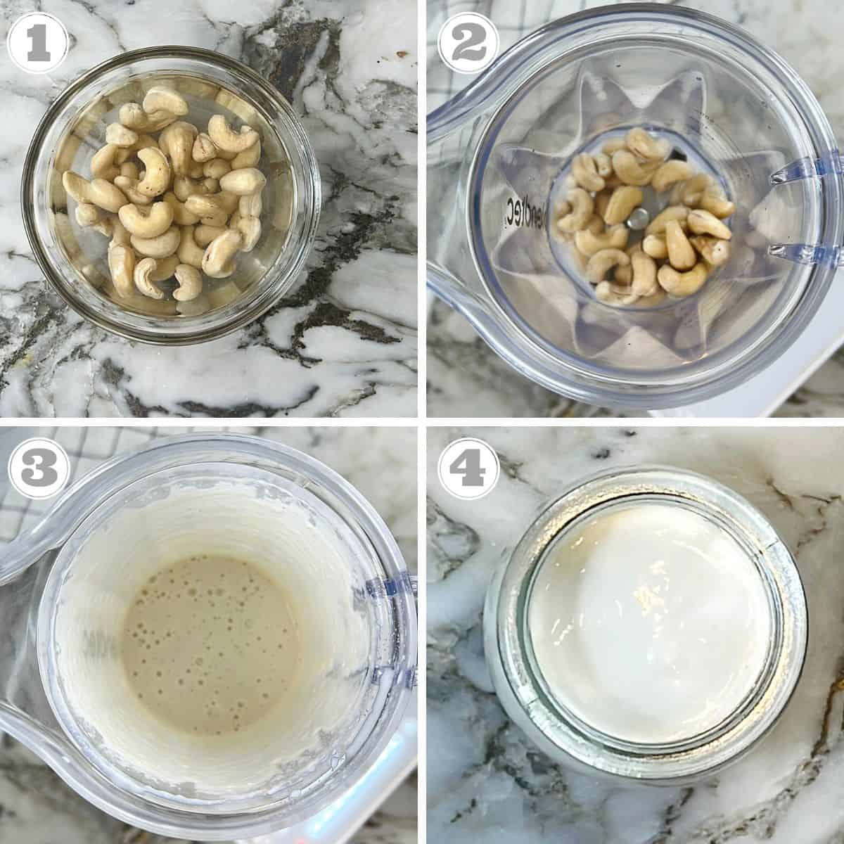 photos one through four showing how to make cashew cream 