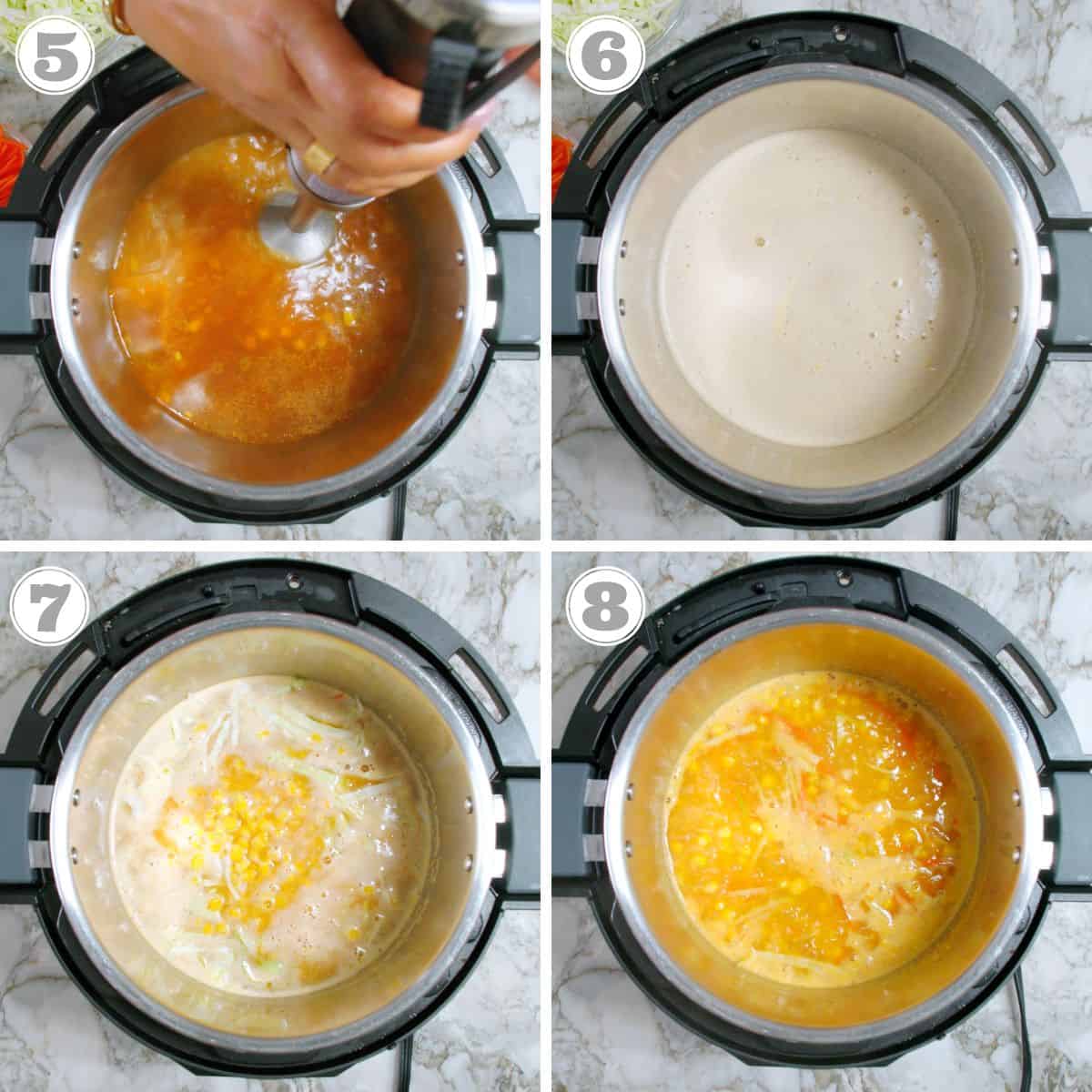 photos five through eight showing partially blending sweet corn soup 