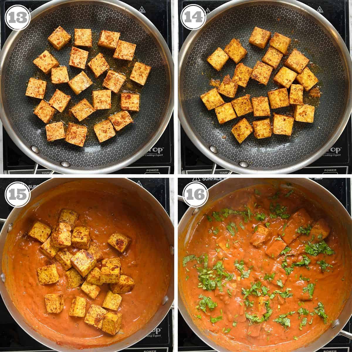 photos thirteen through sixteen showing panfrying tofu and adding to butter masala 