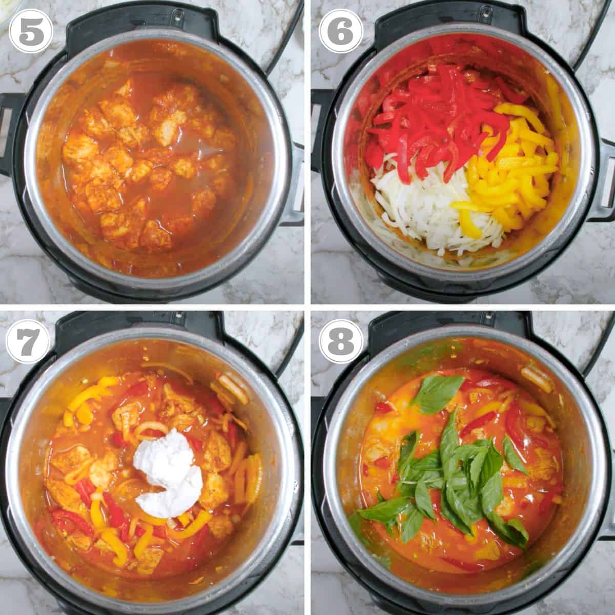 photos five through eight showing adding veggies to instant pot panang chicken curry