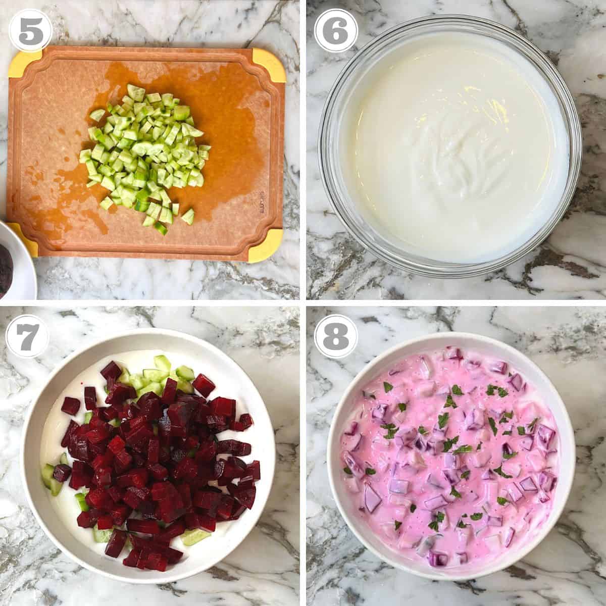 photos five through eight showing how to make beet raita 