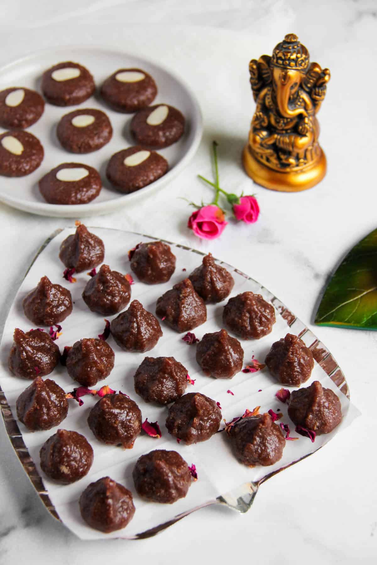 chocloate modak and peda in 2 plates 