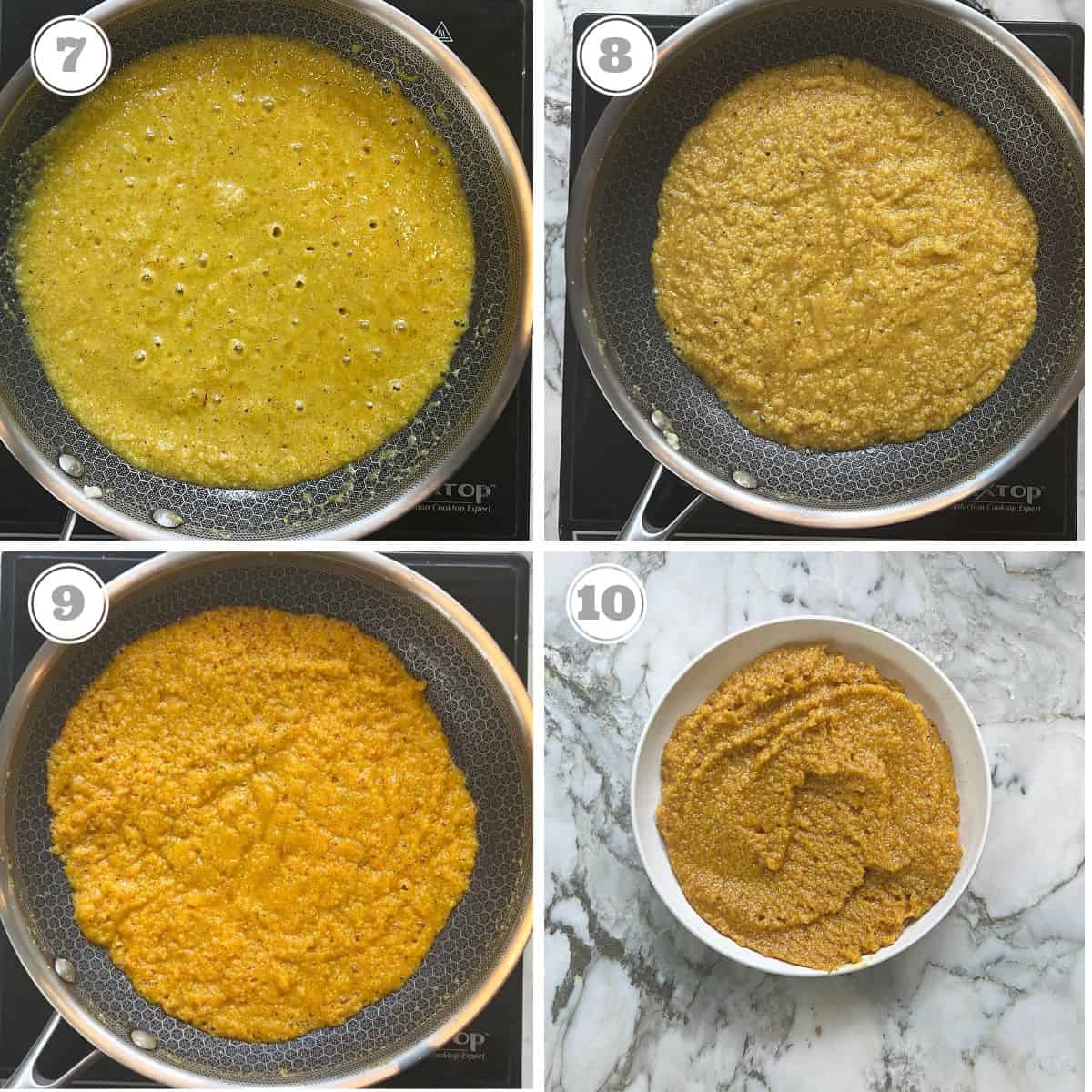 photos seven through ten showing how to cook Khoya Modak  mixture