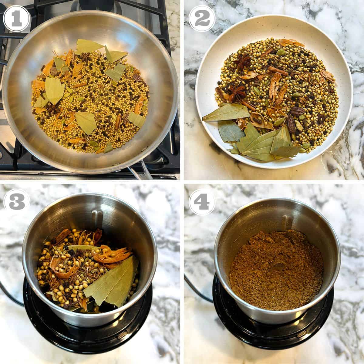 photos one through four showing how to make biryani masala 
