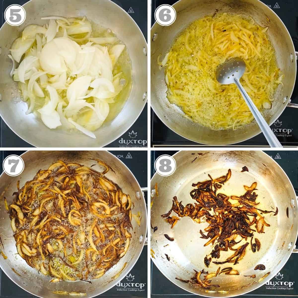 photos five through eight showing how to fry onions for biryani 