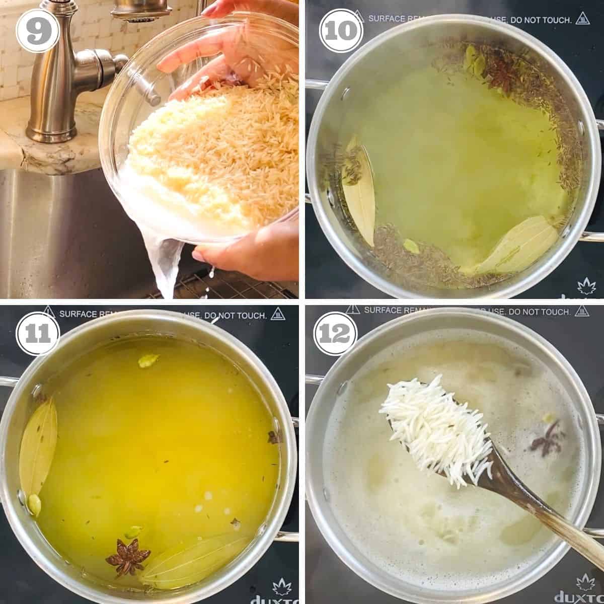 photos nine through twelve showing how to parboil rice for biryani 