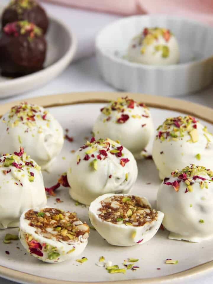 Date and Nut truffles coated with white chocolate
