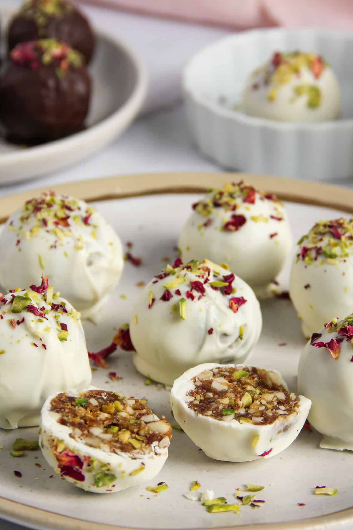 white chocolate covered date and nut truffles 