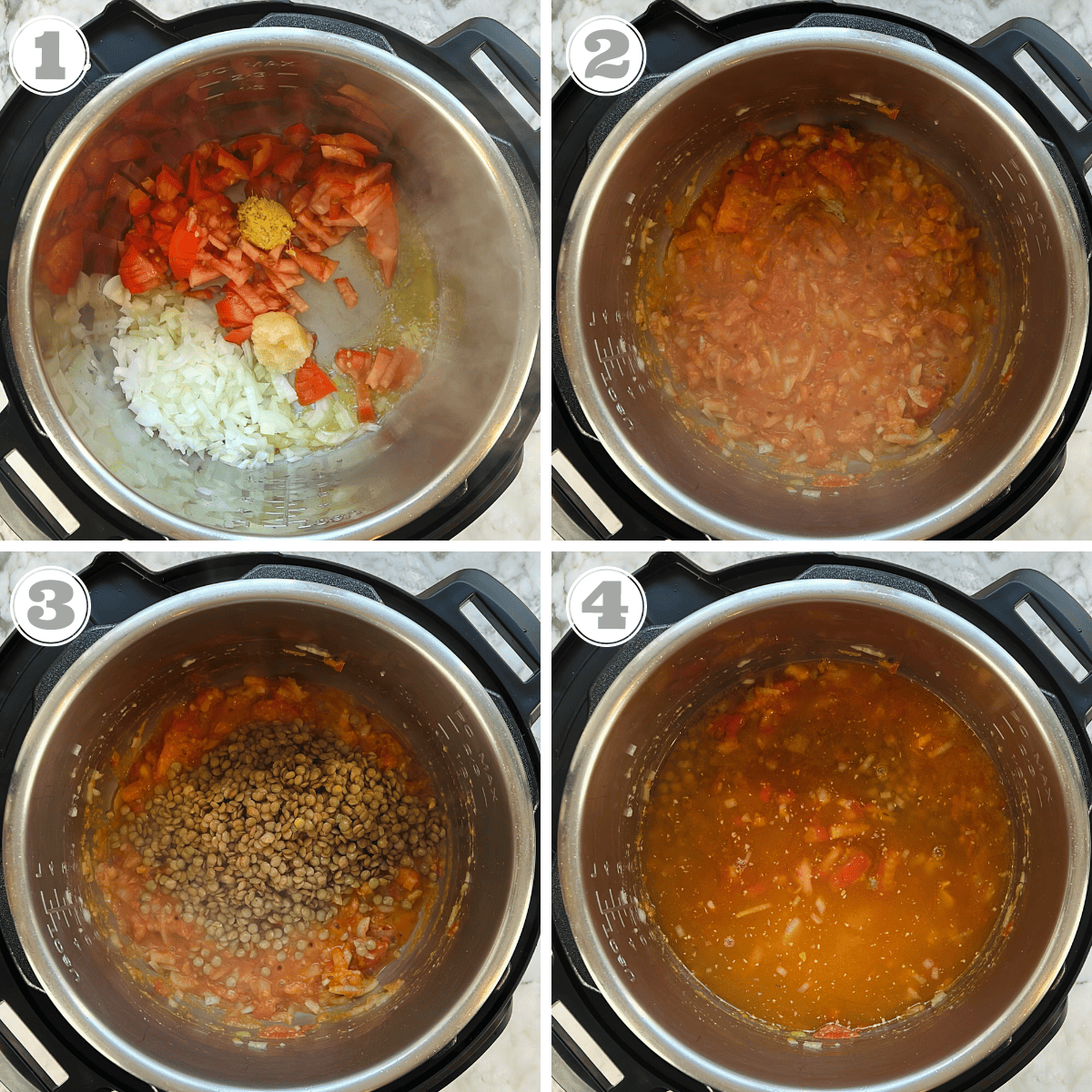 photos one through four showing how to make masoor curry in Instant Pot
