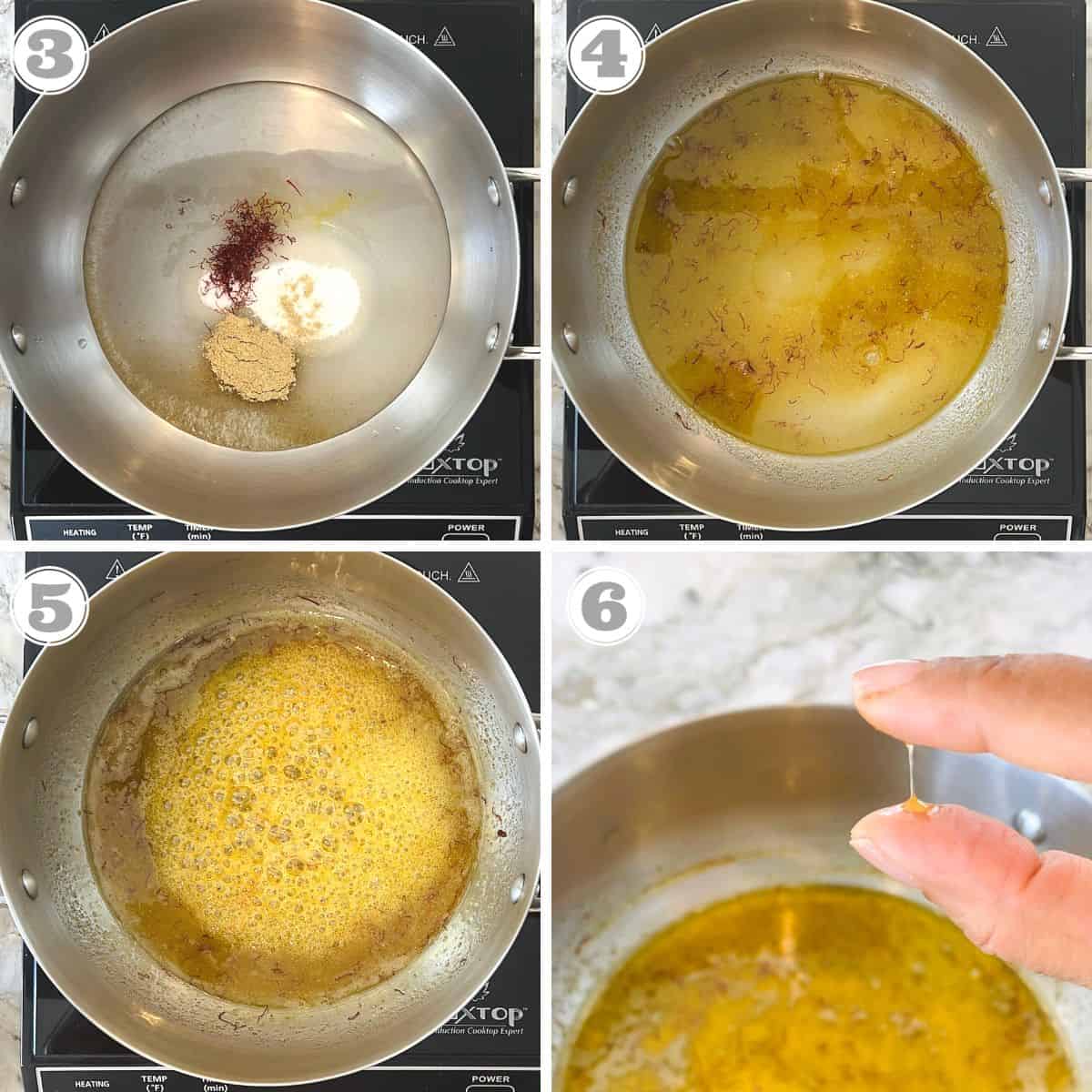 photos three through six showing how to make sugar syrup 