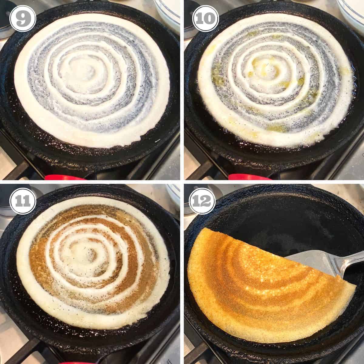 photos nine through twelve showing how to cook dosa on a cast iron pan 