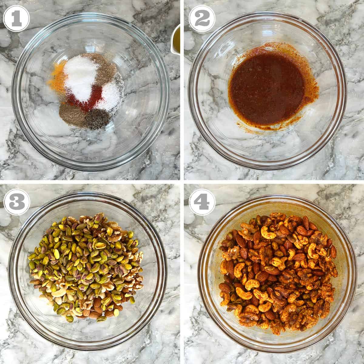 photos one through four showing how to make masala nuts 
