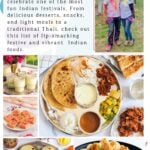 A collage featuring Holi festival recipes, with images of Indian dishes, festive colors, and a couple covered in colored powder, highlighting traditional and festive foods.