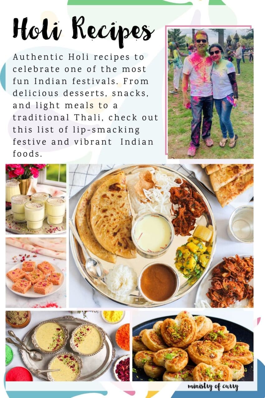 A collage featuring Holi festival recipes, with images of Indian dishes, festive colors, and a couple covered in colored powder, highlighting traditional and festive foods.