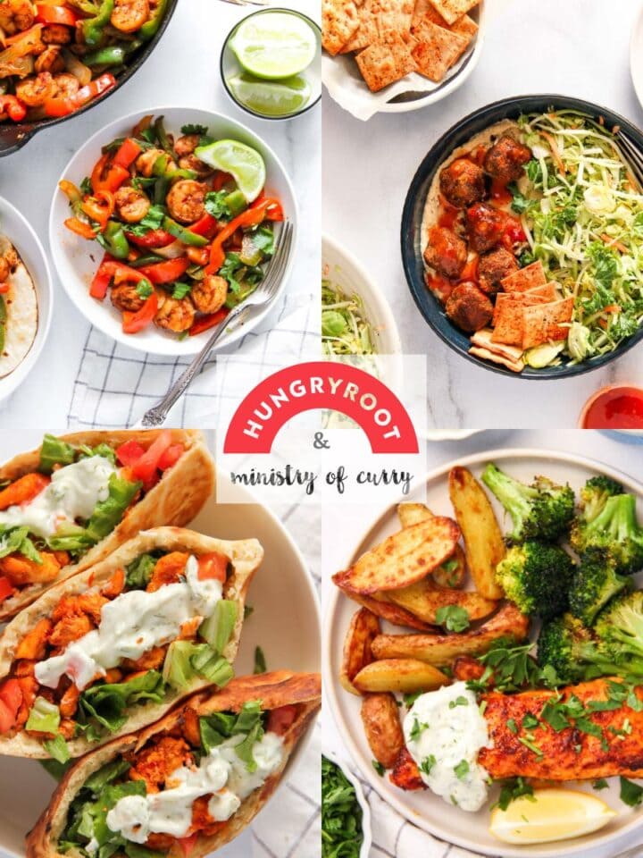 photo collage of meals using hungryroot cooked by ministry of curry