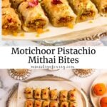 pinterest photo collage pin for motichoor pistachio pastry bites photo.