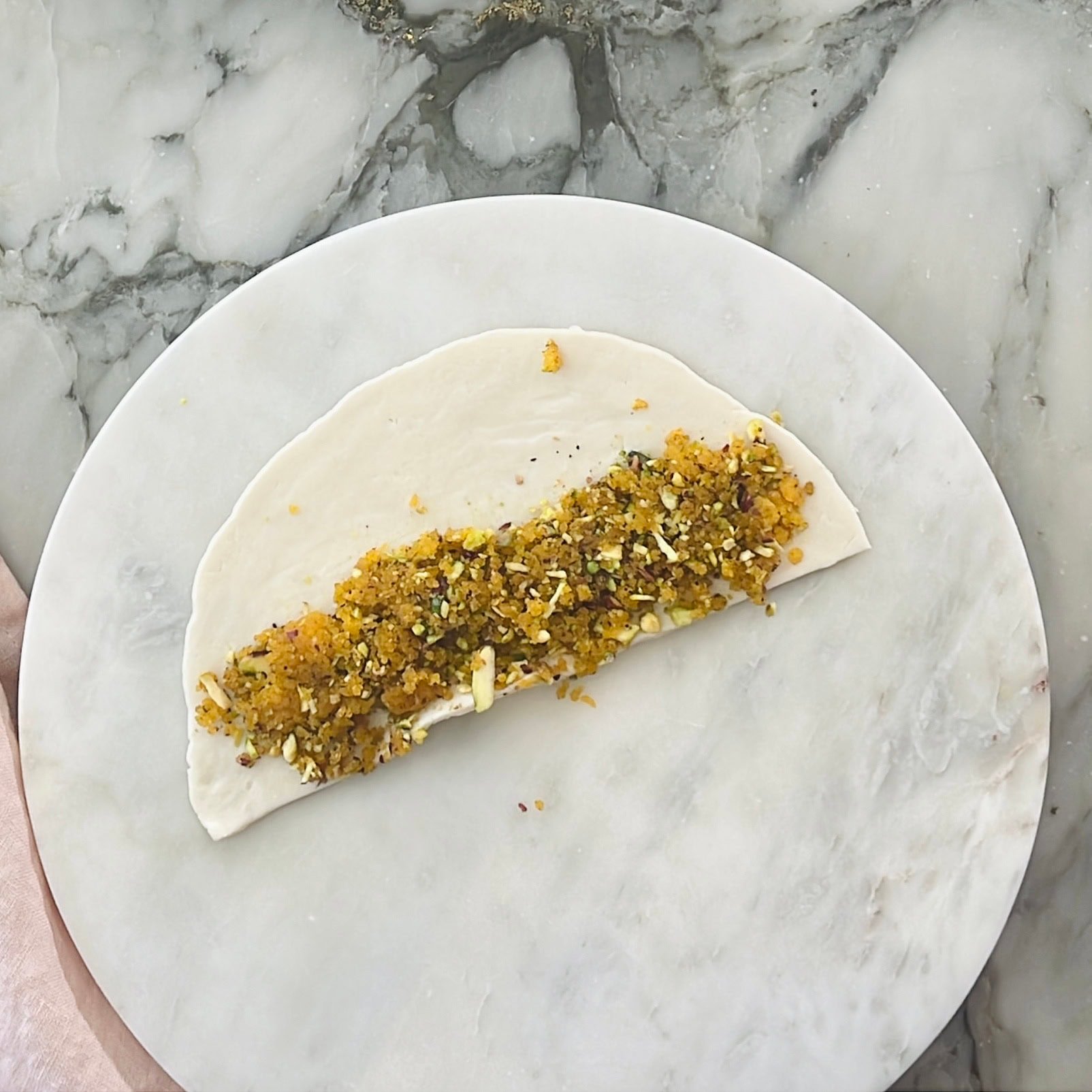 motichoor filling on kawan paratha.